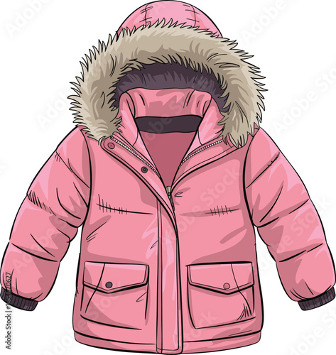 Pink Puffer Jacket with Fur Hood on White Background Keywords: jacket, pink, puffer jacket, winter jacket, coat, children's