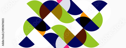 Abstract geometric pattern. Overlapping circles create colorful, dynamic composition. White background enhances vibrant hues. Modern design.