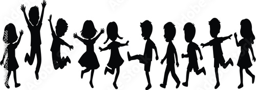Black silhouettes of diverse young children jumping, dancing, and performing athletic action poses, isolated on a white background, childhood energy, fun.