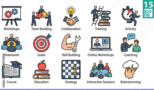 Professional growth, education icons, teamwork, collaboration, coaching, training, strategy, workshops, online learning, skill building, brainstorming, activity, goals