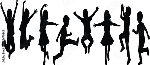 Black silhouettes of diverse young children jumping, dancing, and performing athletic action poses, isolated on a white background, childhood energy.