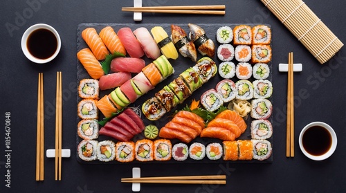 A grand top-down flat lay of a large assorted sushi platter on a black slate, featuring salmon nigiri, tuna sashimi, dragon rolls, soy sauce, and chopsticks.