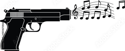 Gun with music notes, artistic weapon silhouette, peace through music concept, creative vector illustration, anti-violence theme, symbolic design, treble clef