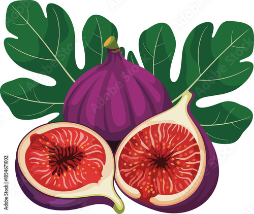 Ripe Purple Figs and Green Leaves on White Background Keywords: figs, purple figs, ripe, fruit, halved fig, seeds, red flesh, green
