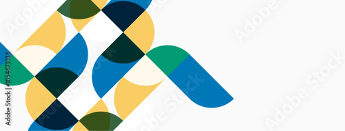 Abstract geometric shapes overlap, creating vibrant color blocks. Composition features yellow, blue, green, dark tones on white background. Modern design.