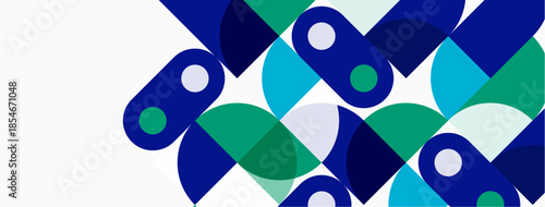 Abstract geometric pattern. Overlapping circles, varying shades blue, green, white create dynamic composition. Modern design element.