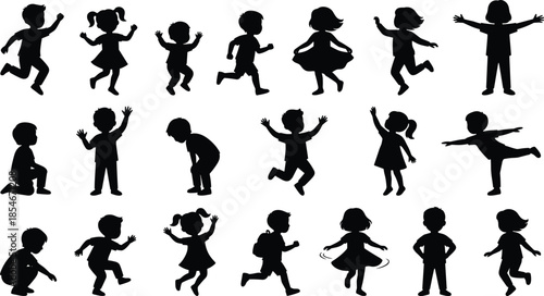 Black silhouettes of happy diverse children jumping, running, dancing, and playing in various active poses, isolated on white background, set.
