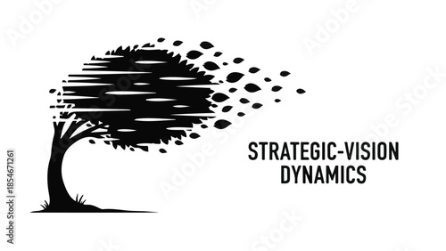 Tree transforming into flowing particles, symbolizing growth, change, and strategic vision