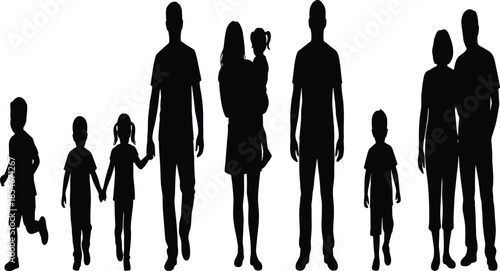Black silhouettes of happy families with children, parents holding hands, mother carrying toddler, and kids walking, isolated on white background.