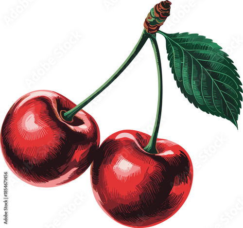 Two Ripe Red Cherries with Green Leaf and Stem on White Background Keywords: cherry, cherries, fruit, red, ripe, fresh, healthy