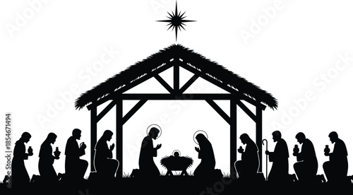 Nativity scene silhouette, Christmas religious vector, holy family illustration, biblical worship sketch, black and white design, spiritual icon graphic