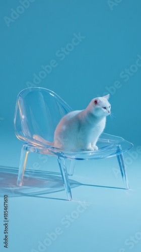 Elegant cat posing on transparent acrylic chair, elegant cat posing in high fashion lighting, elegant cat posing for luxury pet branding elegant cat portrait luxury pet fashion modern animal photograp
