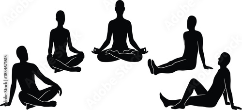 Black silhouettes of people in various sitting and lying poses, including yoga meditation, relaxed lounging, and peaceful resting, on white.