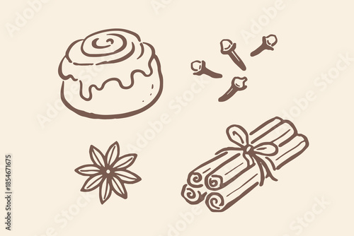 Cinnamon roll with spices doodle sketch vector illustration