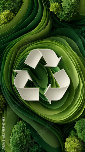 Recycling icon symbolizing sustainable industry and waste data management, with natural shadow and cyber technology aesthetic, seamless loopable abstract design for digital use.
