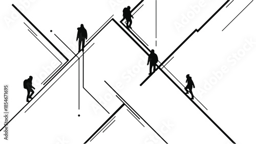 Adventurous hikers ascend stylized mountain peaks with determination and teamwork.