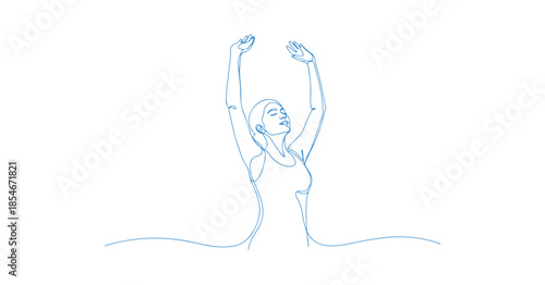Happy woman with arms lifted in a relaxing breathing exercise, captured in a single line drawing. The person stretches their arms, symbolizing freedom and a willingness to embrace peace. Vector