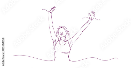 Content woman with her hands raised in a calming breathing exercise, illustrated in one flowing line. The individual stretches their arms, symbolizing freedom and an openness to tranquility. Vector 