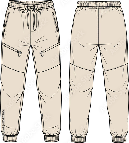 Neutral-Colored Technical Fleece Jogger Pants CAD Flat Drawing Vector Illustration for Activewear Apparel Fashion Design Template, Streetwear.