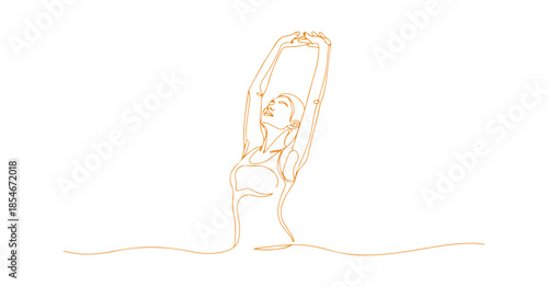 Joyful woman lifting her arms in a relaxing breathing exercise, depicted as a single continuous line. This person stretches their arms, representing freedom and a welcoming attitude towards peace.