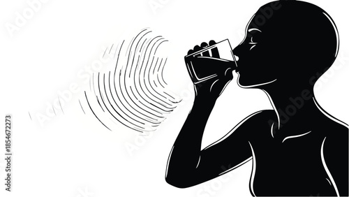 Silhouette of a person drinking water, with ripples emanating from their breath.