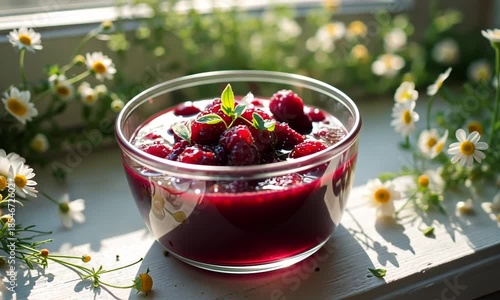 Fresh Berry Compote in a Glass Bowl Surrounded by Daisies.