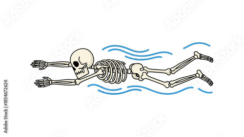 Humorous illustration of a skeletal figure gracefully swimming through wavy blue water, embodying themes of anatomy, health, and a playful approach to the human body