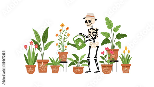 Whimsical skeleton gardener carefully watering a vibrant collection of potted plants and colorful flowers, symbolizing nurturing and growth in a charming illustration