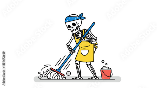 Humorous skeletal character in a vibrant yellow apron and a blue bandana diligently mops the floor with a bucket of soapy water, an amusing take on persistent household chores and cleaning tasks