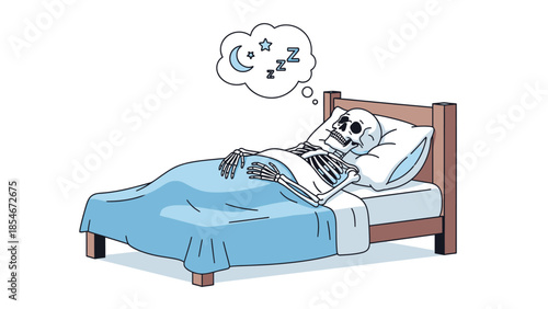 Skeleton sleeping in bed, dreaming of stars and moon, representing eternal rest or a spooky slumber