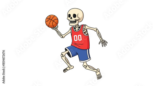 A skeleton wearing a basketball jersey and shorts, holding a basketball, in a dynamic pose ready to play