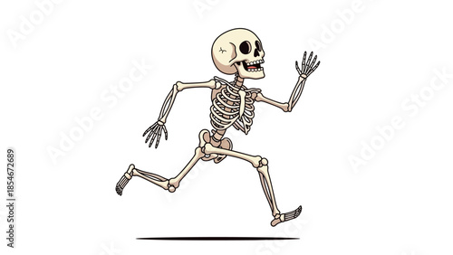 Cartoon skeleton running in pursuit, animated graphic of a skeletal character in full stride