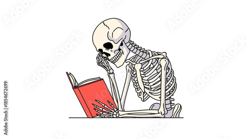 A Skeleton Reads a Book, Illustrating the Concept of Long Study Sessions or Endless Learning