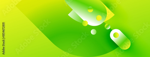 Abstract green design. Smooth gradients, rounded shapes create dynamic composition. Bright yellow accents add visual interest. Modern aesthetic.