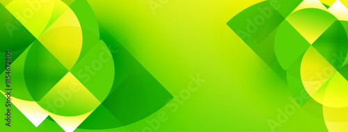 Abstract green design features overlapping shapes. Bright gradients create dynamic visual effect. Simple, modern aesthetic.