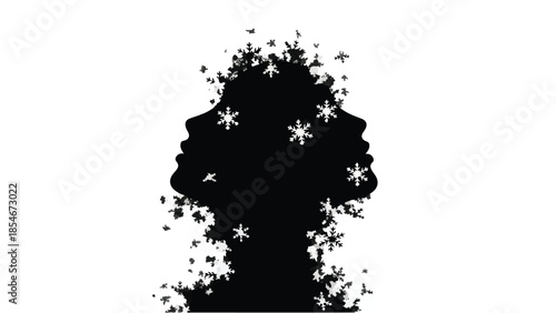 Abstract silhouette of two faces merging with swirling floral elements, symbolizing connection and duality