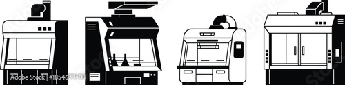 Laboratory fume hood silhouette set for scientific research medical equipment and chemical analysis.