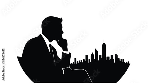 Thoughtful businessman silhouetted against a city skyline, contemplating future success.