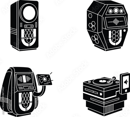 Retro jukebox and vintage record player silhouette set for music entertainment and technology icons.