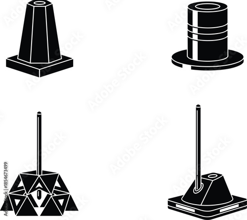 Set of different types of bollards black outlines vector illustration on transparent background.