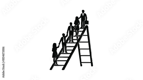 Diverse team collaborating and ascending a ladder towards success and shared goals.