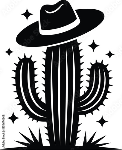 Western Cactus with Cowboy Hat Vector Illustration.
