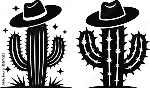 Western Cactus with Cowboy Hat Vector Illustration.
