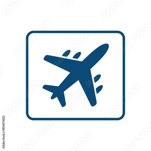 A blue airplane icon is shown inside a white square with a blue border.