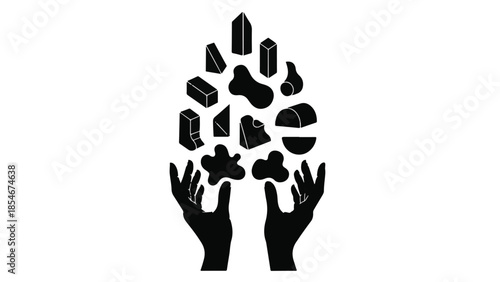 Hands carefully arranging diverse abstract shapes and geometric forms, representing creation and imagination