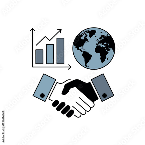 Business handshake with a global growth chart and world map symbolizes international collaboration and success.