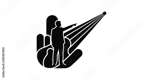 Man in silhouette points towards a bright future, guided by a helping hand.