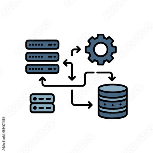 Data flow between database servers and a gear icon representing system processing.