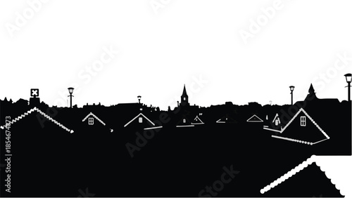 Silhouetted rooftops and church steeple against a bright sky