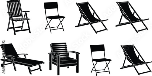 Outdoor Chair Silhouette Collection, Folding Beach Chairs, Deckchair, and Garden Furniture Set, Patio, Relax, and Summer Leisure Icon, Isolated Vector Illustration